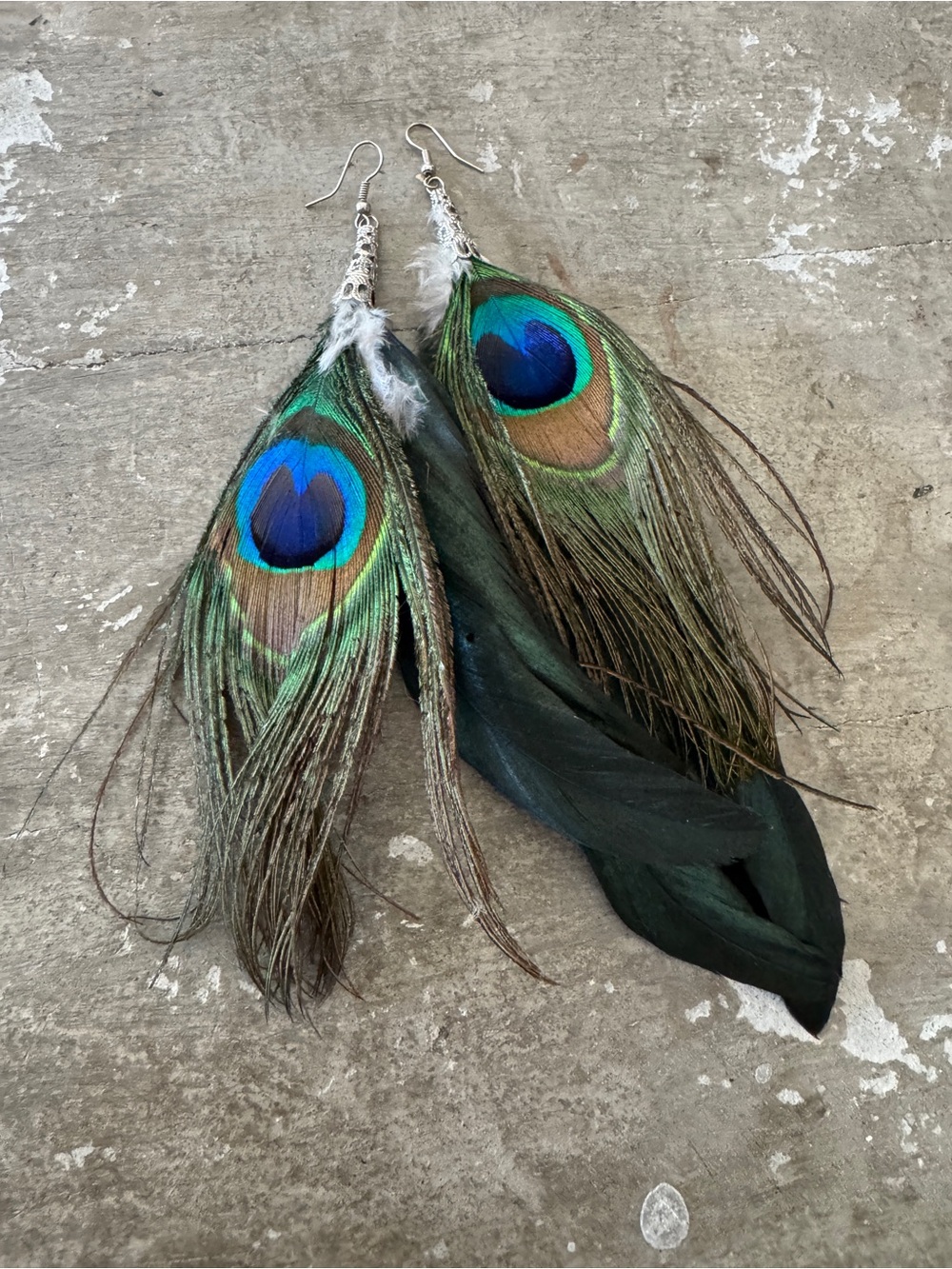 Peacock Feather Drop Earrings - Blue Green Accents